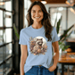 a woman wearing a t - shirt with a raccoon on it