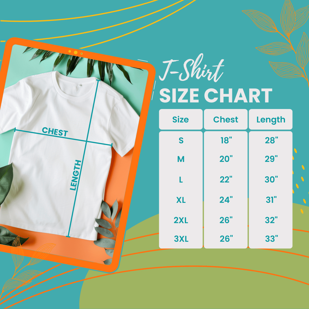 a t - shirt size chart with a picture of a t - shirt