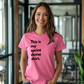 a woman wearing a pink shirt that says, this is my sprint demo shirt