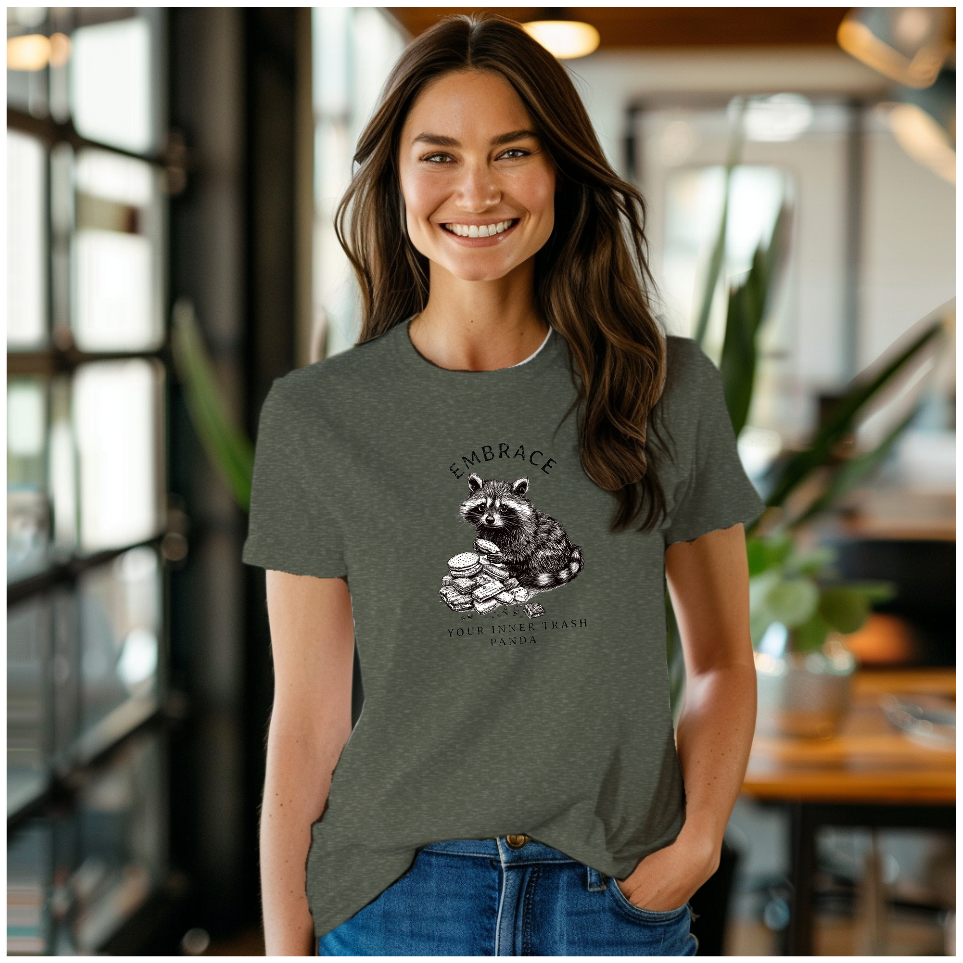 a woman wearing a t - shirt with a raccoon on it