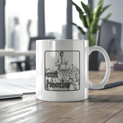 a white coffee mug sitting on top of a wooden table