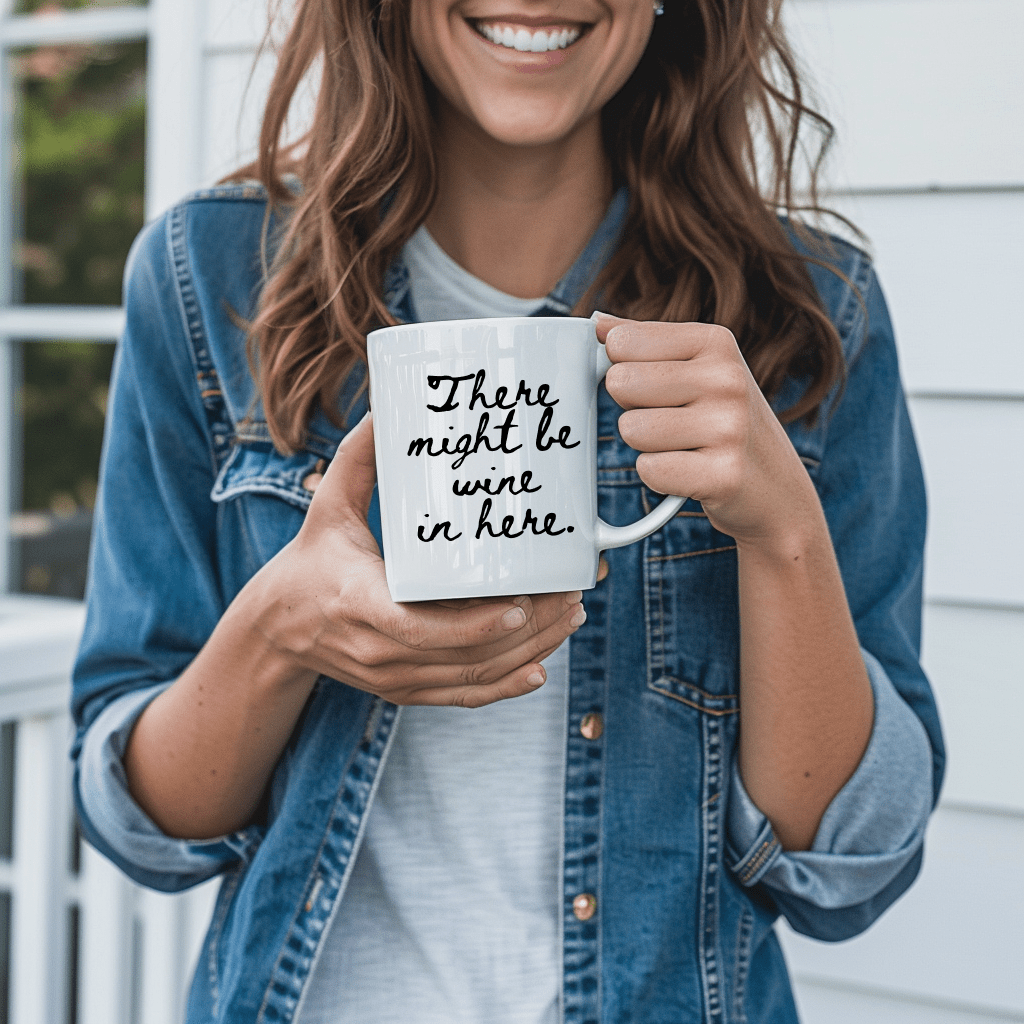 a woman holding a coffee mug that says they might be wine in here