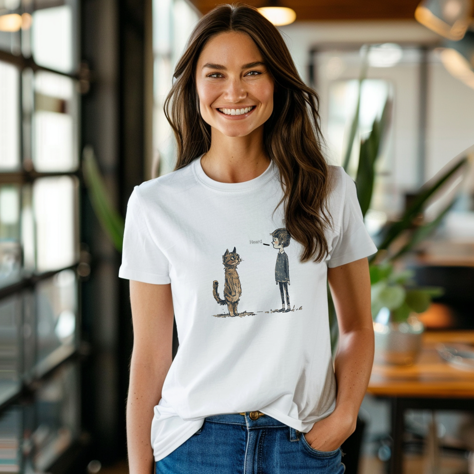 a woman wearing a white t - shirt with a picture of a cat and a