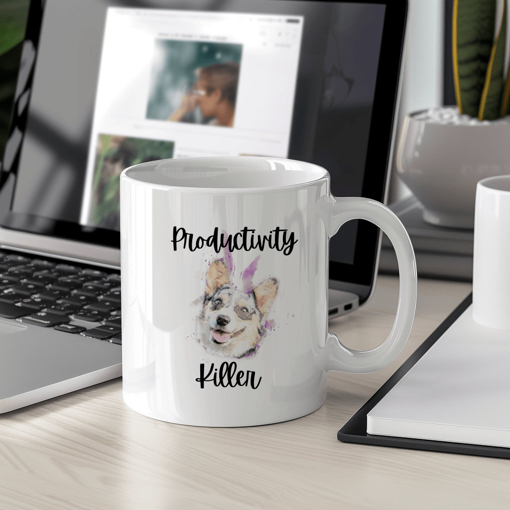 a white coffee mug sitting on top of a desk