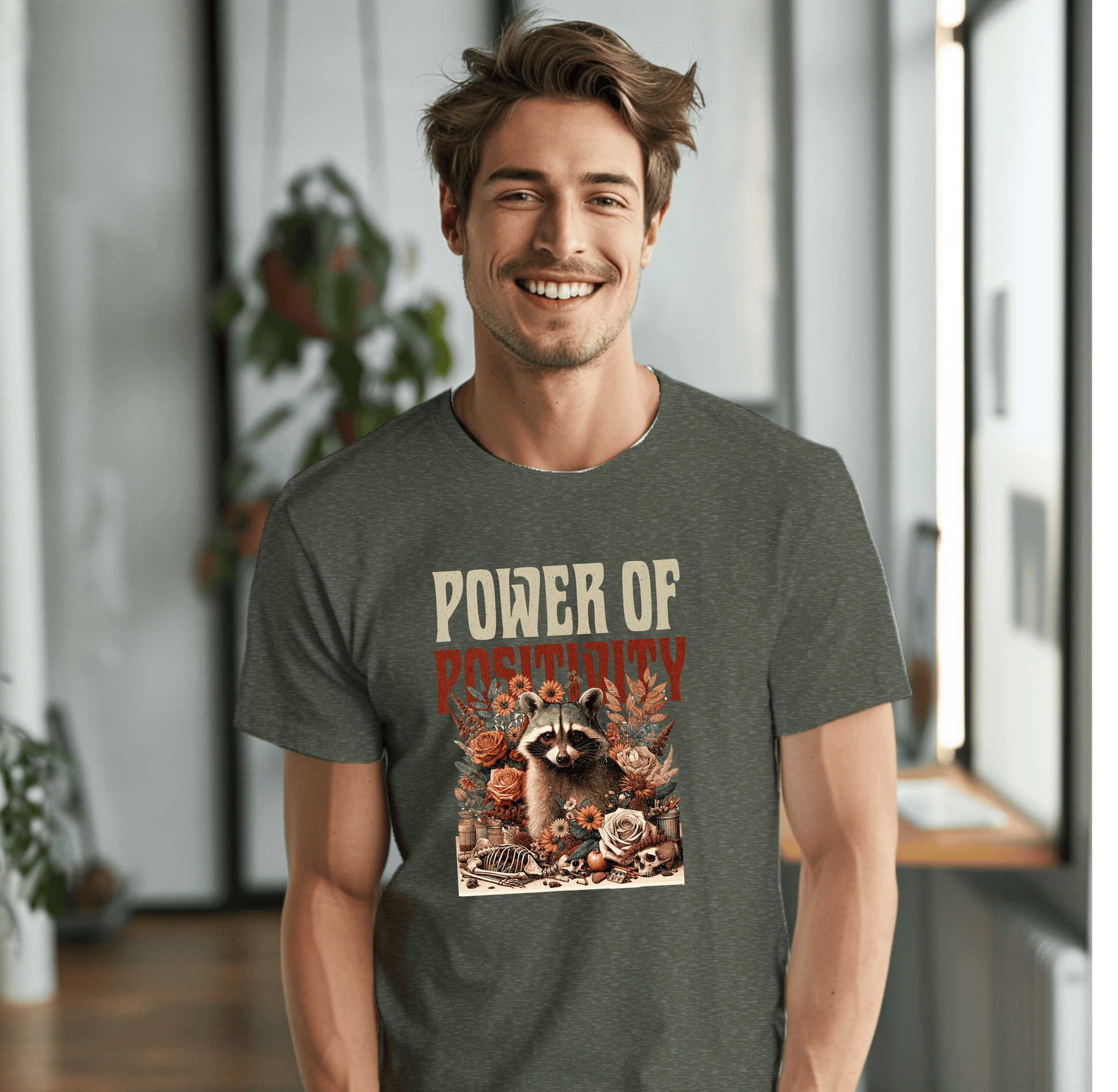 a man wearing a t - shirt with a picture of a raccoon on