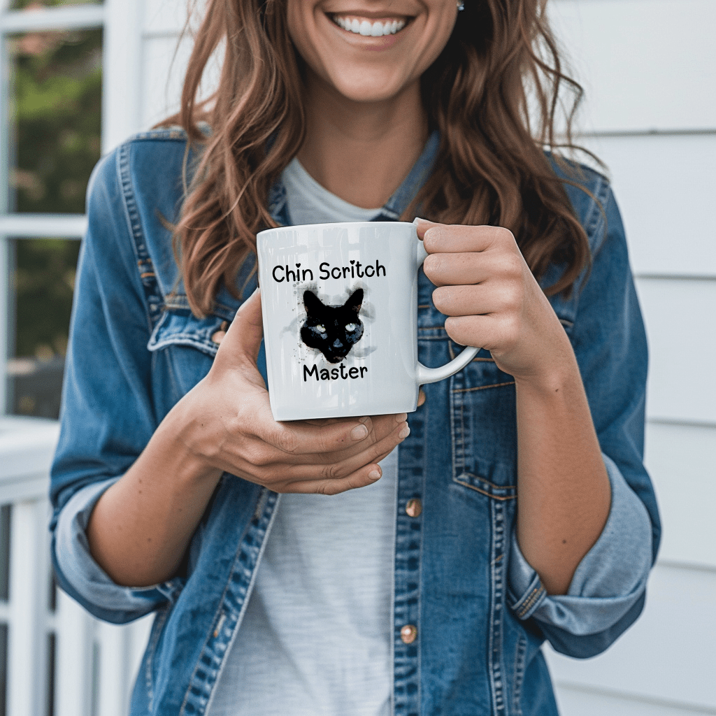 a woman holding a coffee mug with a black cat on it