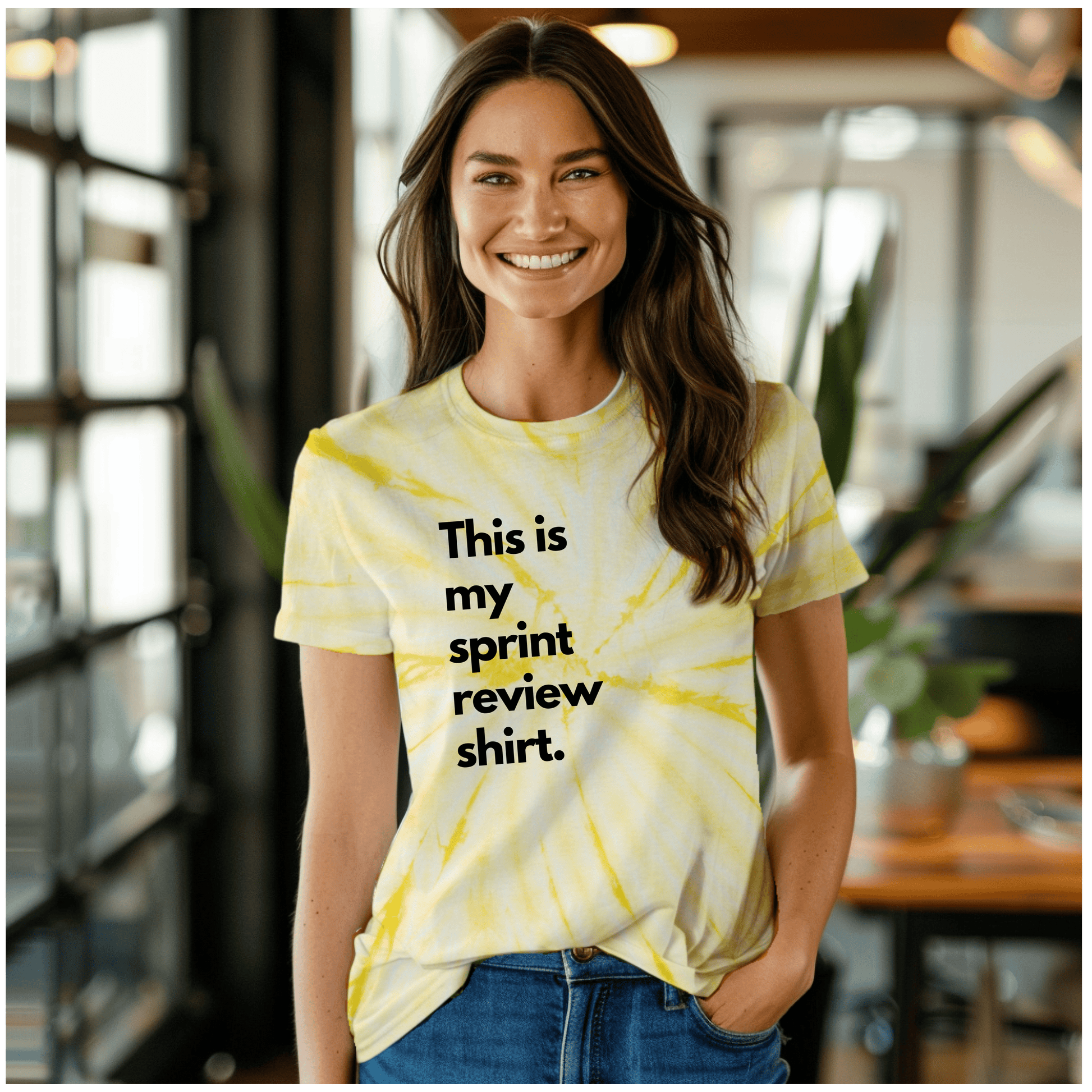 a woman wearing a t - shirt that says, this is my sprint review shirt