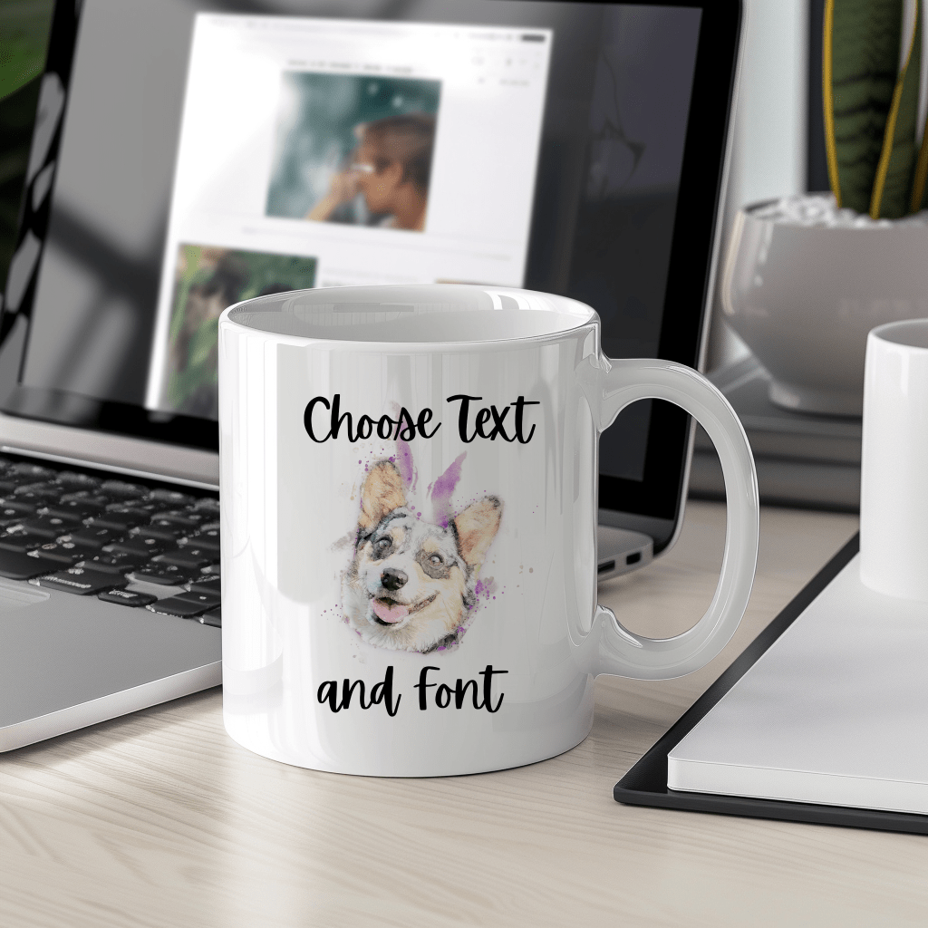 a coffee mug sitting on a desk next to a laptop