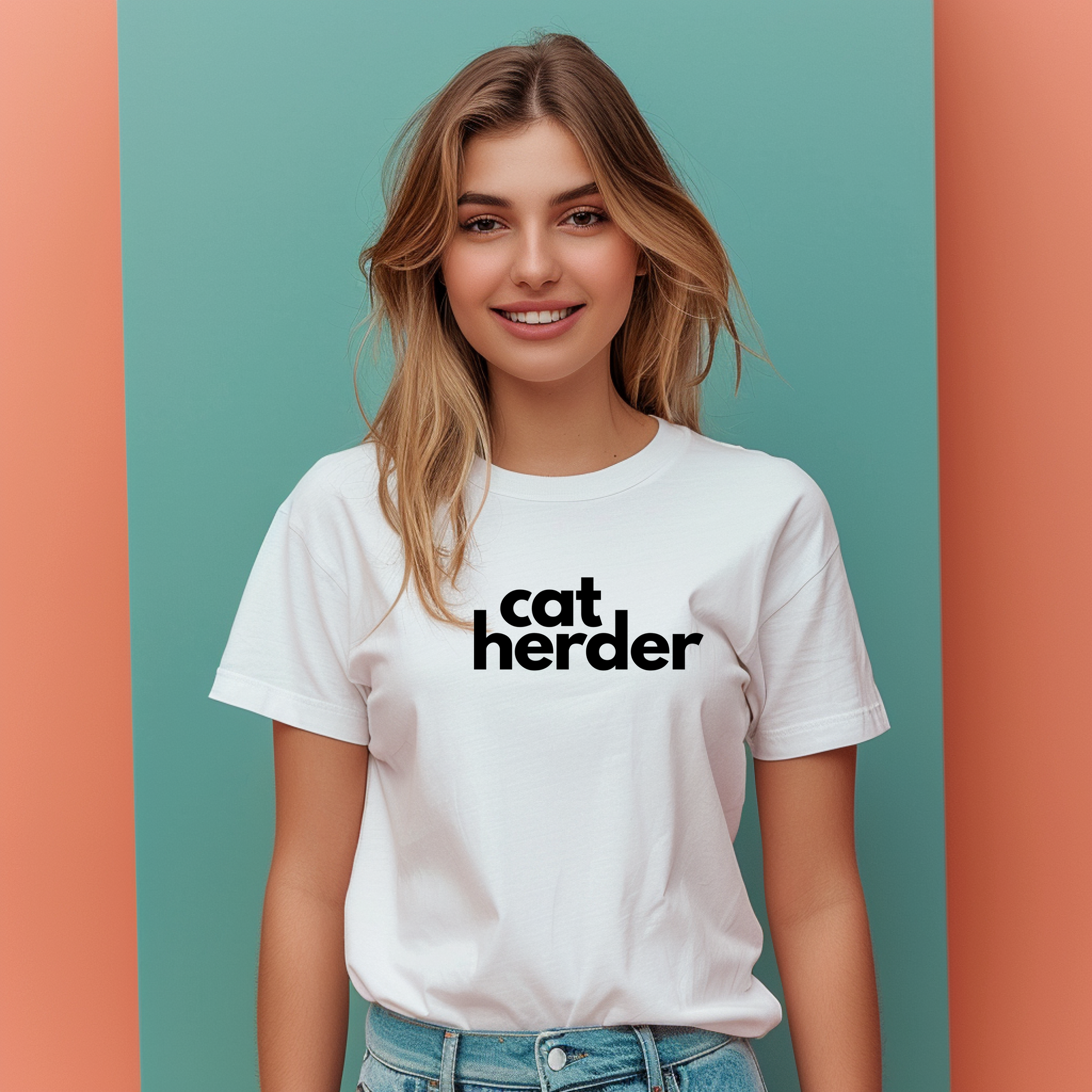 a woman wearing a cat herder t - shirt