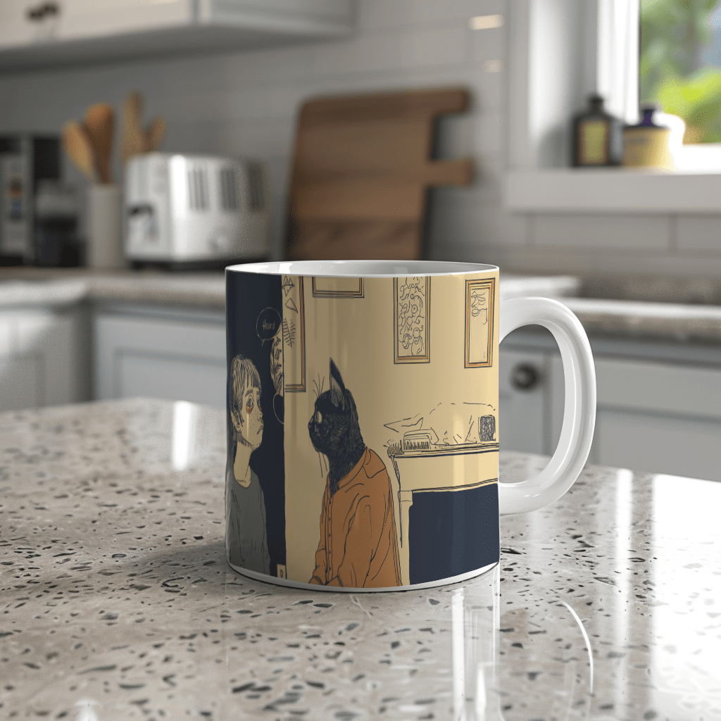 a coffee mug sitting on top of a kitchen counter