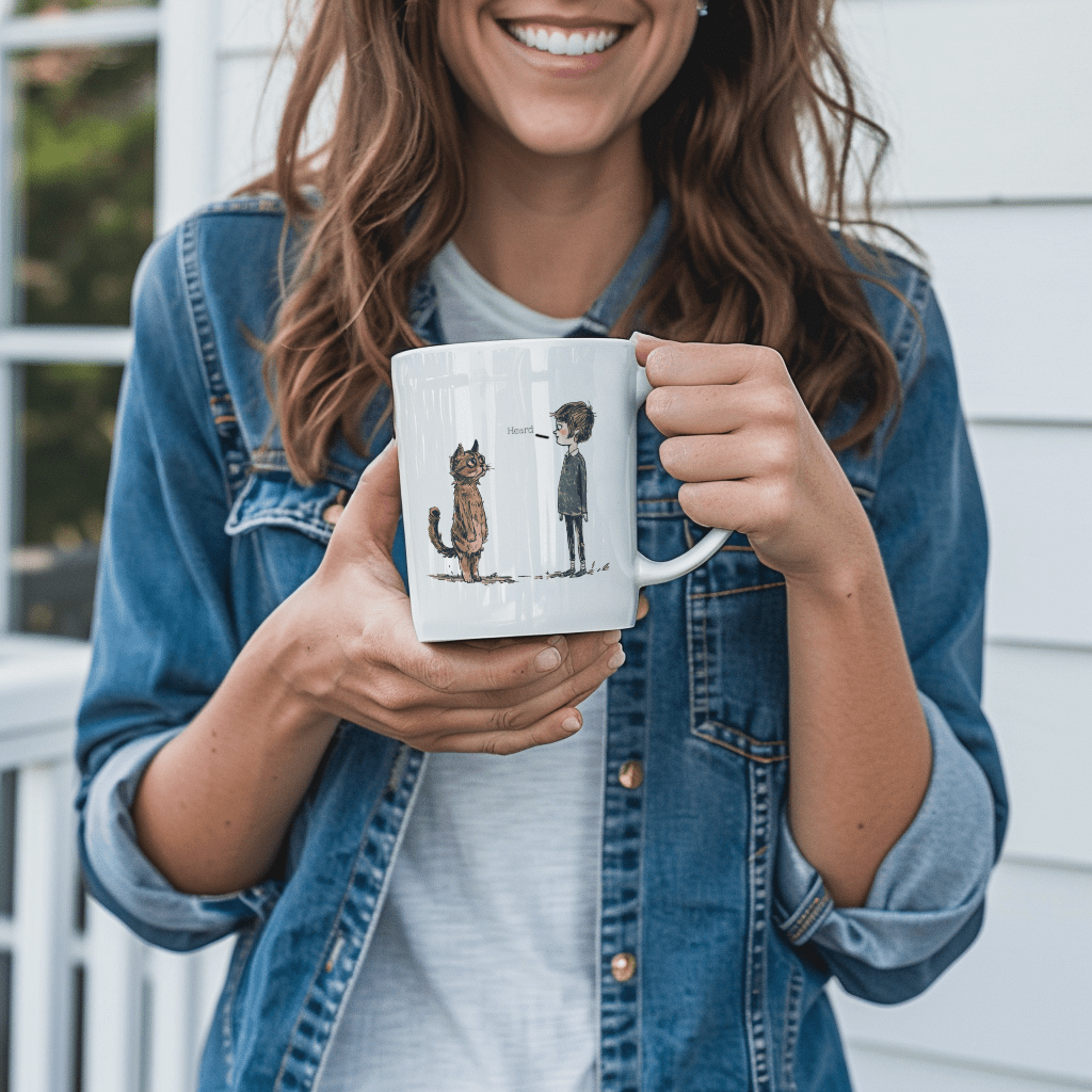 a woman holding a coffee mug with a cat on it