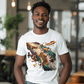 a man wearing a t - shirt with a picture of a bird on it