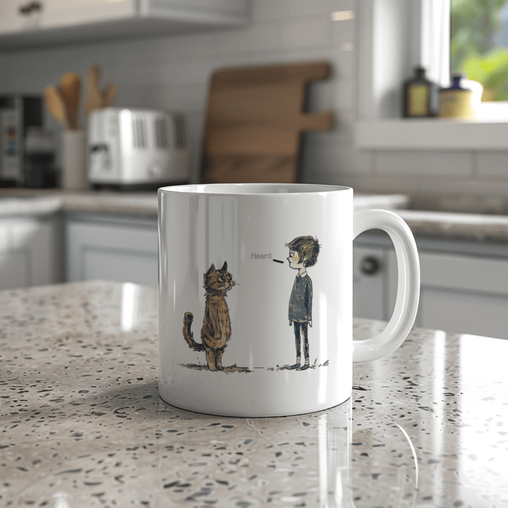 a white coffee mug sitting on top of a counter