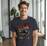 a man wearing a t - shirt with a raccoon on it