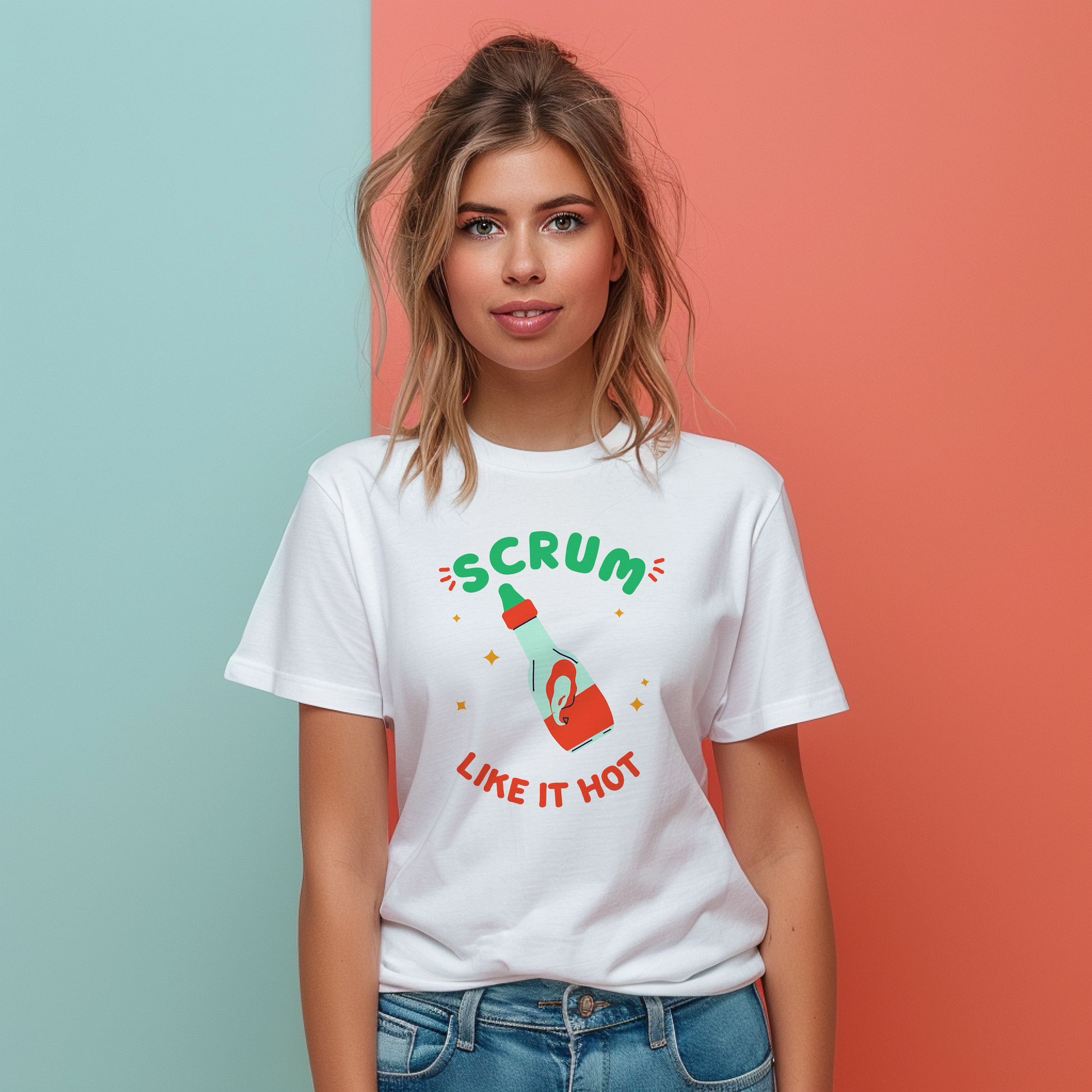 a woman wearing a t - shirt that says scrum like it not