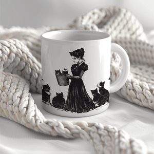 a coffee mug with a picture of a woman and cats on it