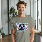 a man wearing a dumpster t - shirt with a tiger on it