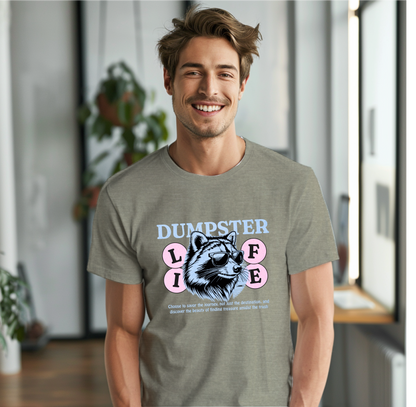 a man wearing a dumpster t - shirt with a tiger on it