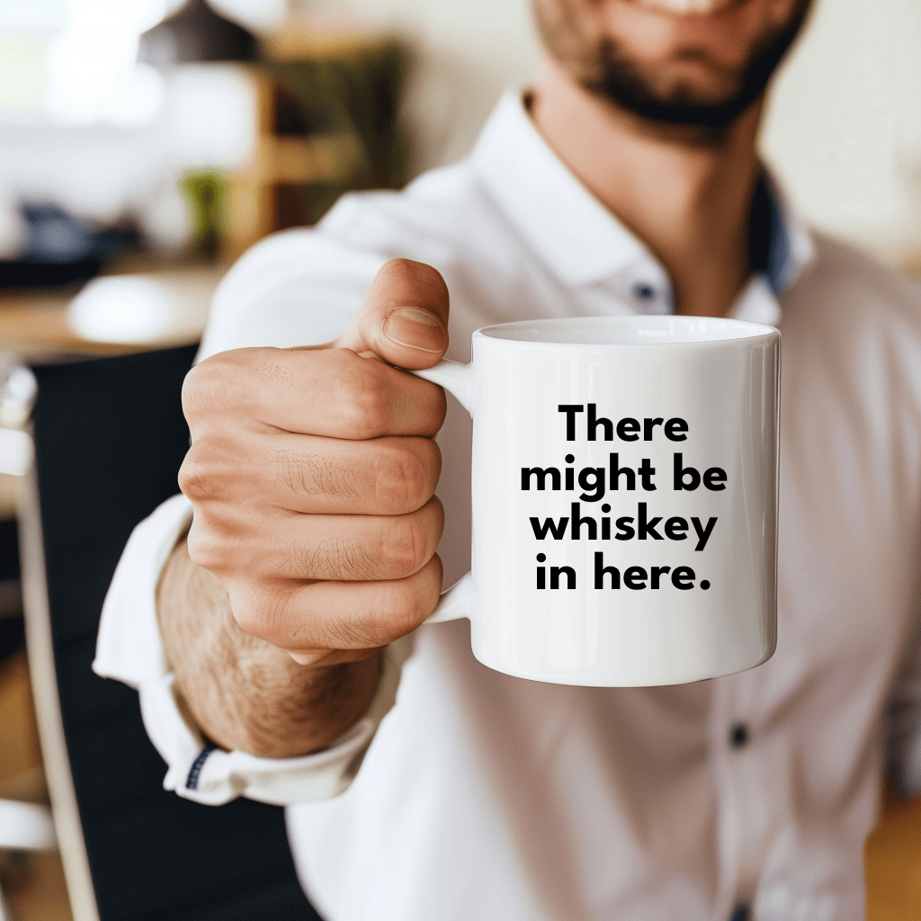 a man is holding a coffee mug with a joke on it