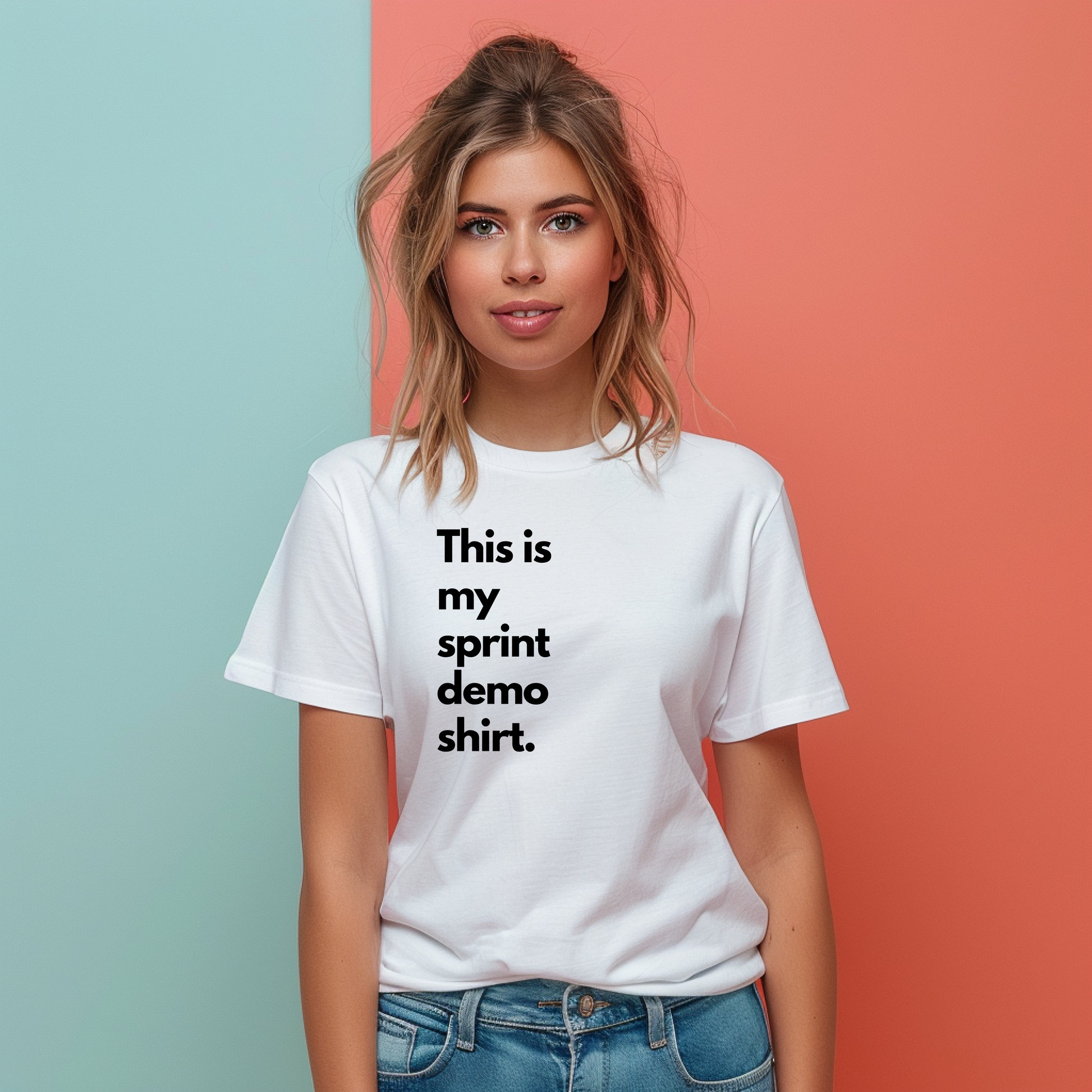 a woman wearing a white shirt that says, this is my sprint demoo shirt