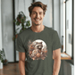 a man wearing a t - shirt with a raccoon on it