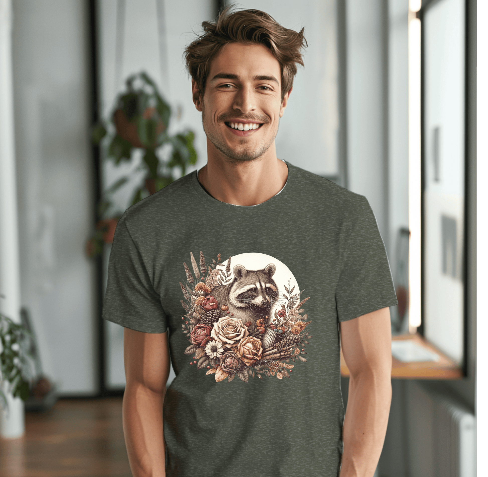 a man wearing a t - shirt with a raccoon on it