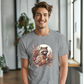 a man wearing a t - shirt with a raccoon on it