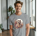 a man wearing a t - shirt with a raccoon on it