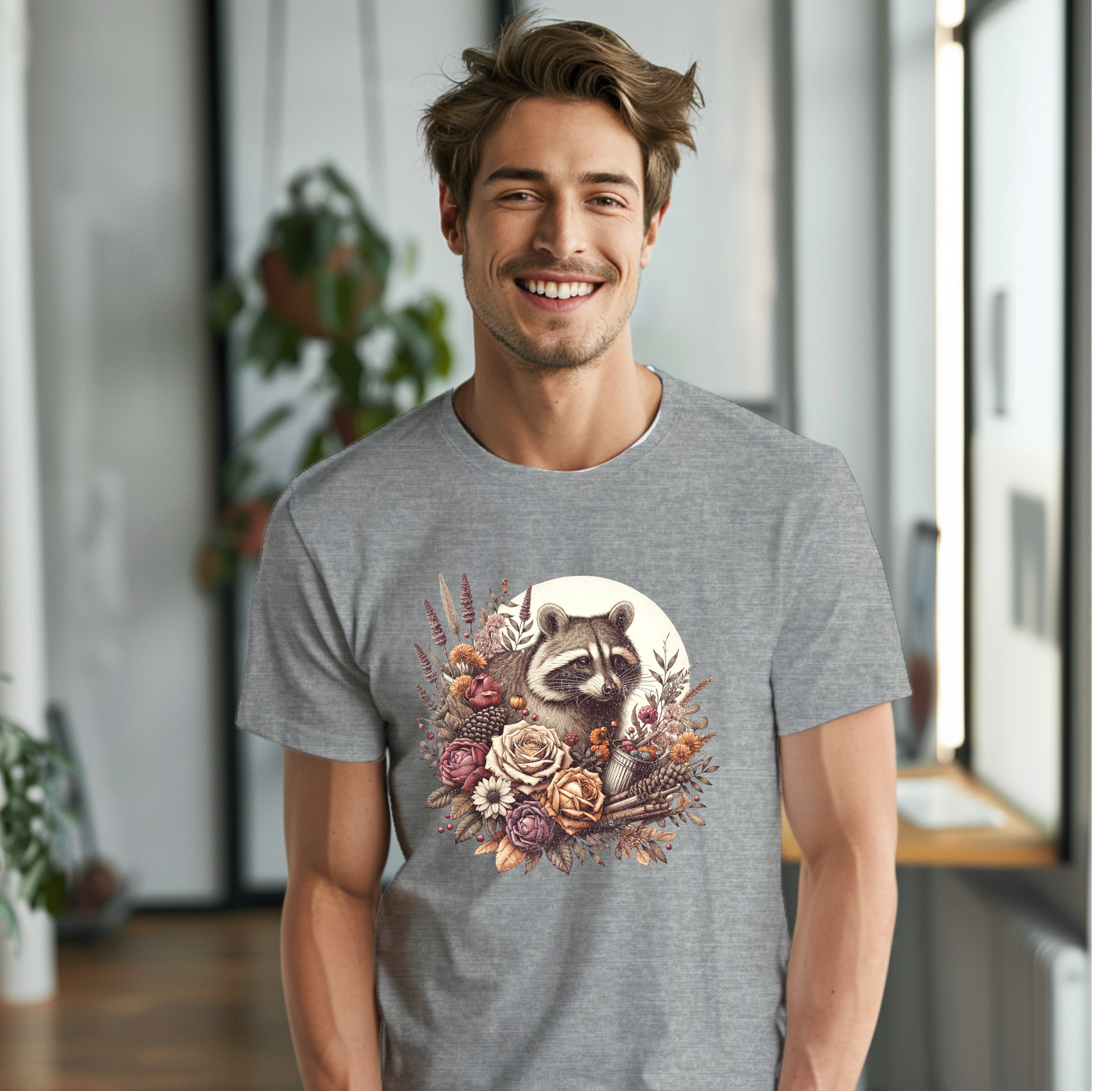 a man wearing a t - shirt with a raccoon on it