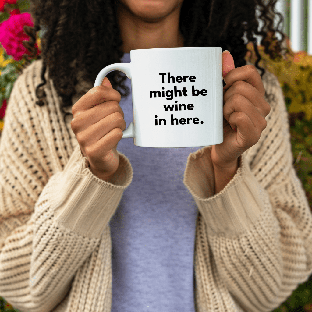 a woman holding a coffee mug with a quote on it