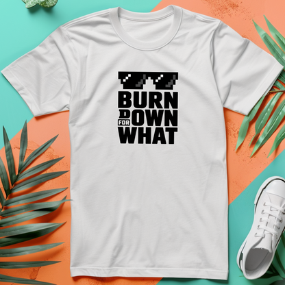 a white t - shirt with the words burn down and what on it