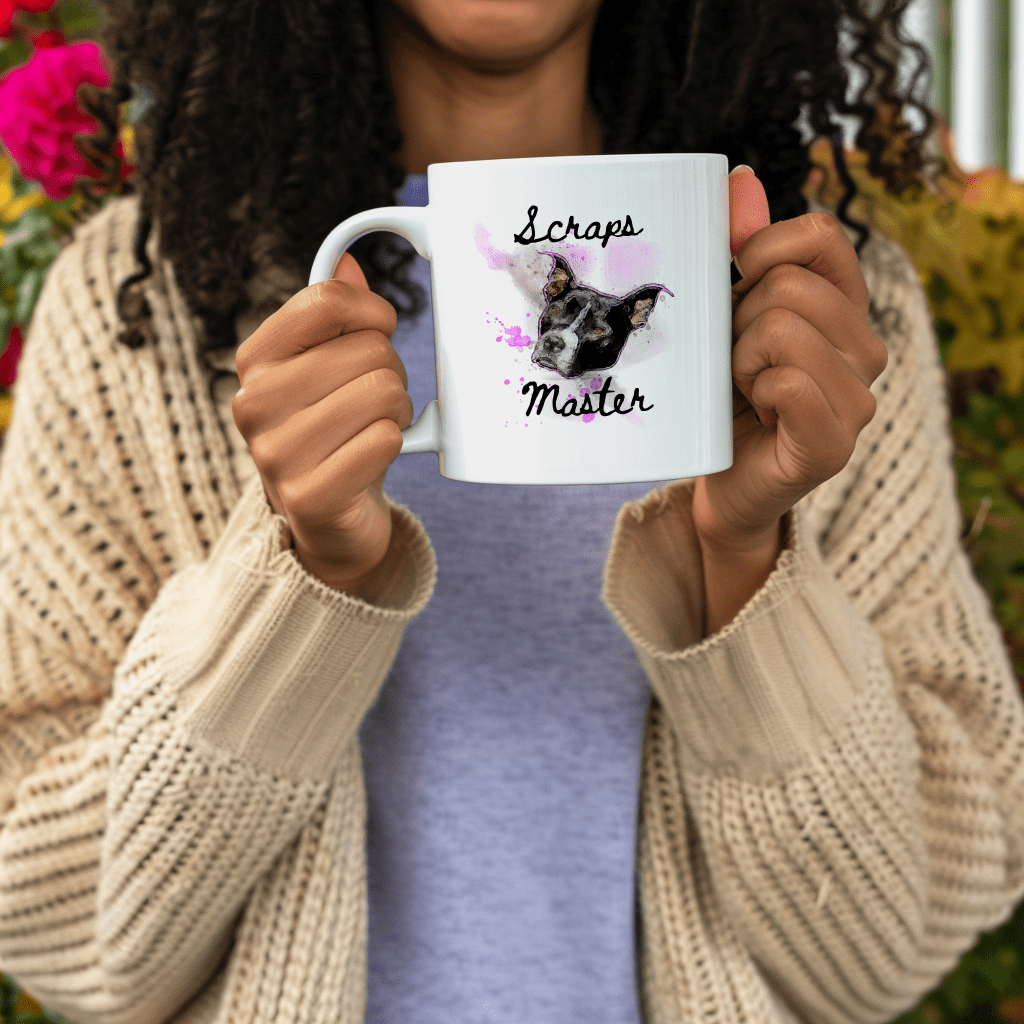 a woman holding a coffee mug with a dog on it