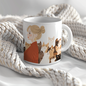 a coffee mug with a picture of a woman surrounded by cats