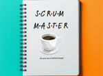 a spiral notebook with the words scrum master written on it