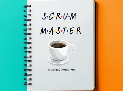 a spiral notebook with the words scrum master written on it