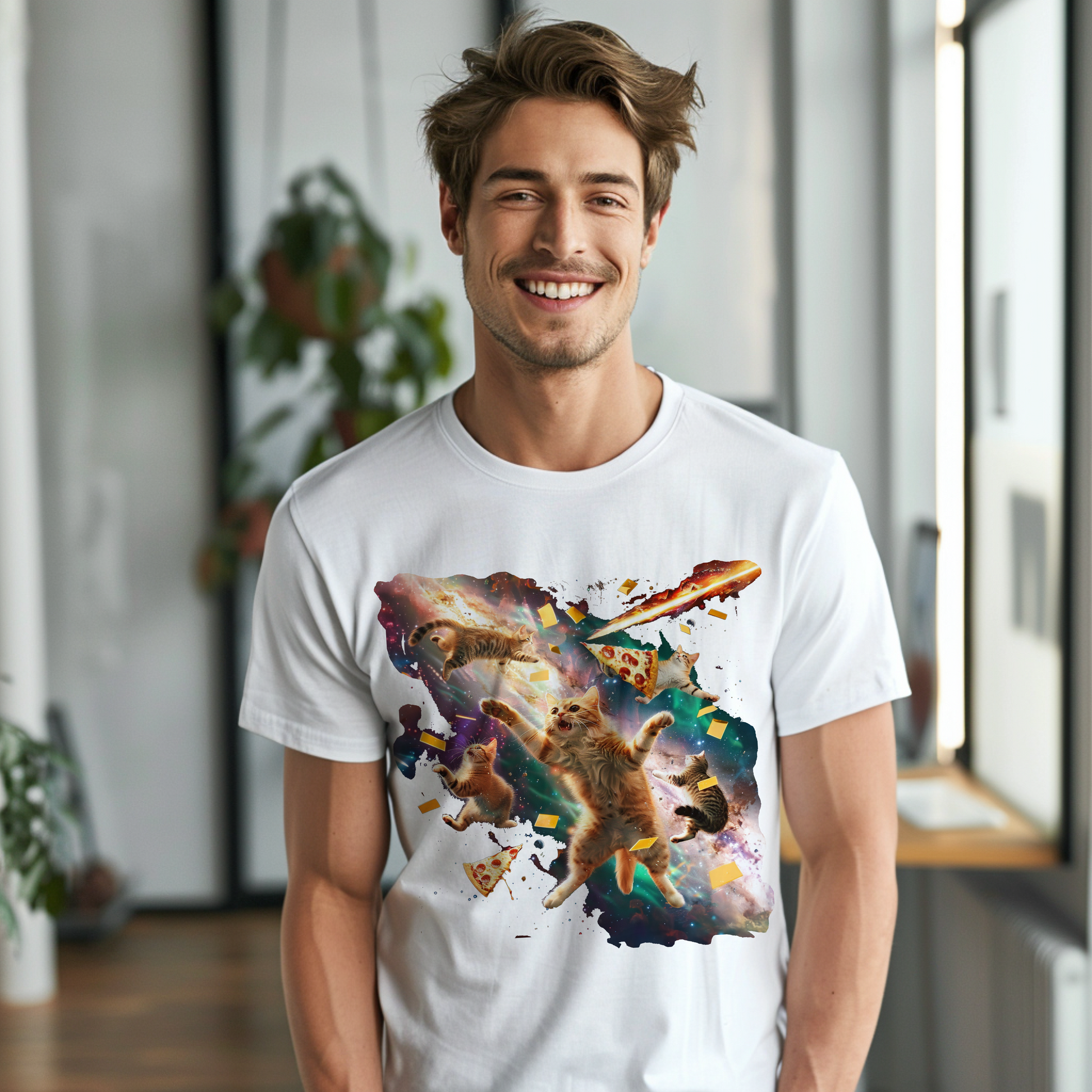 a man wearing a t - shirt with a picture of a butterfly on it