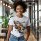 a woman wearing a t - shirt with a picture of a lizard on it