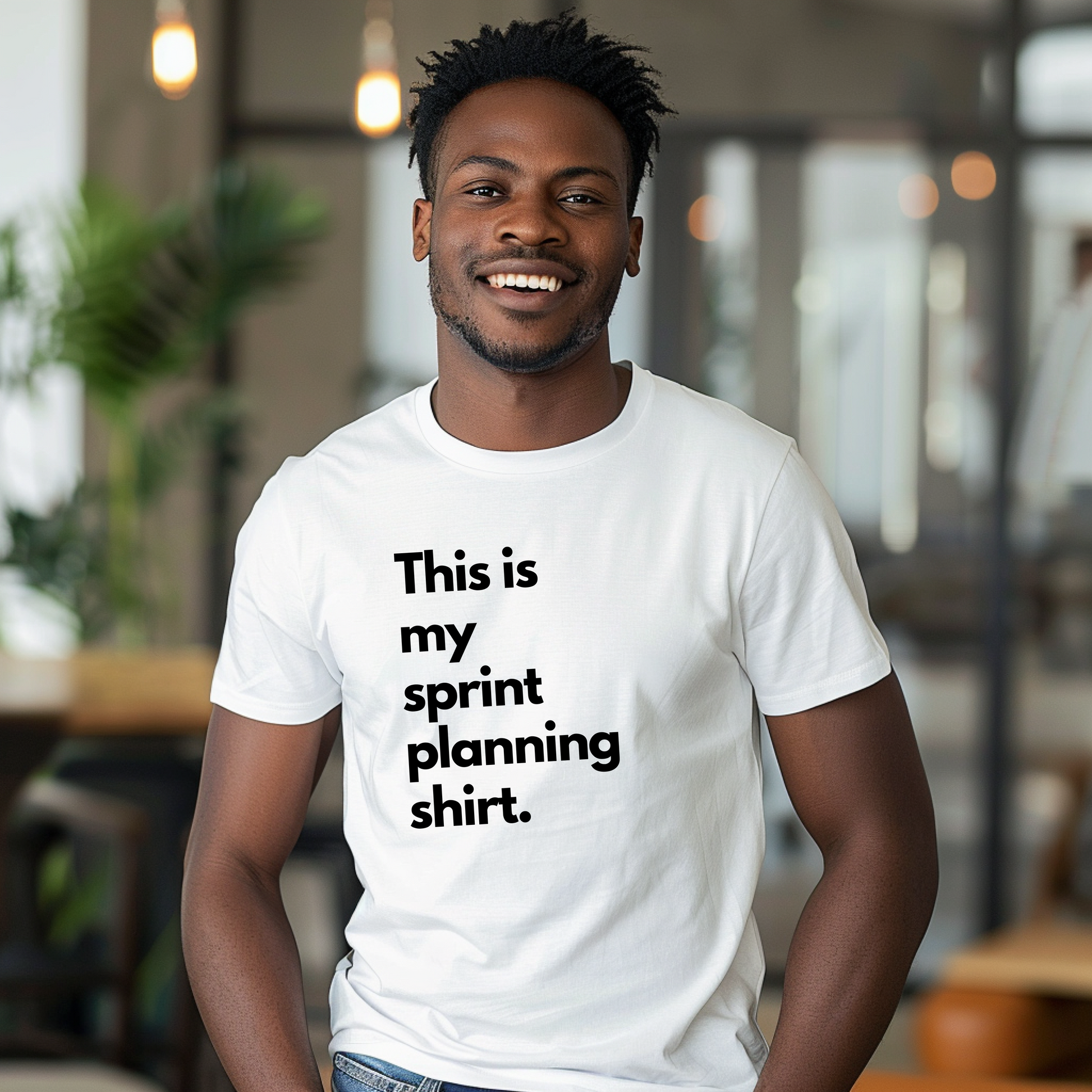 a man wearing a t - shirt that says, this is my sprint planning shirt