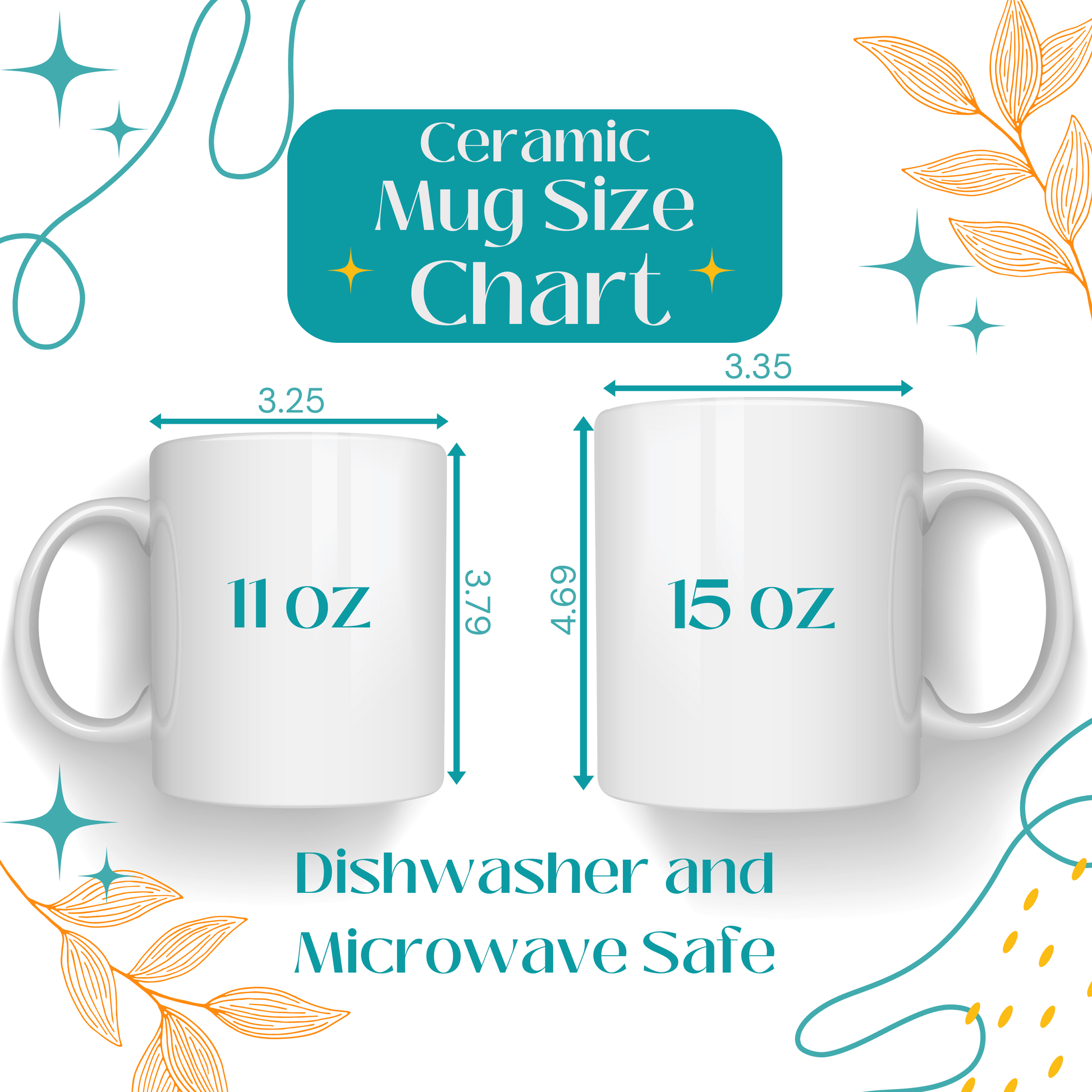 two coffee mugs with measurements for each of them