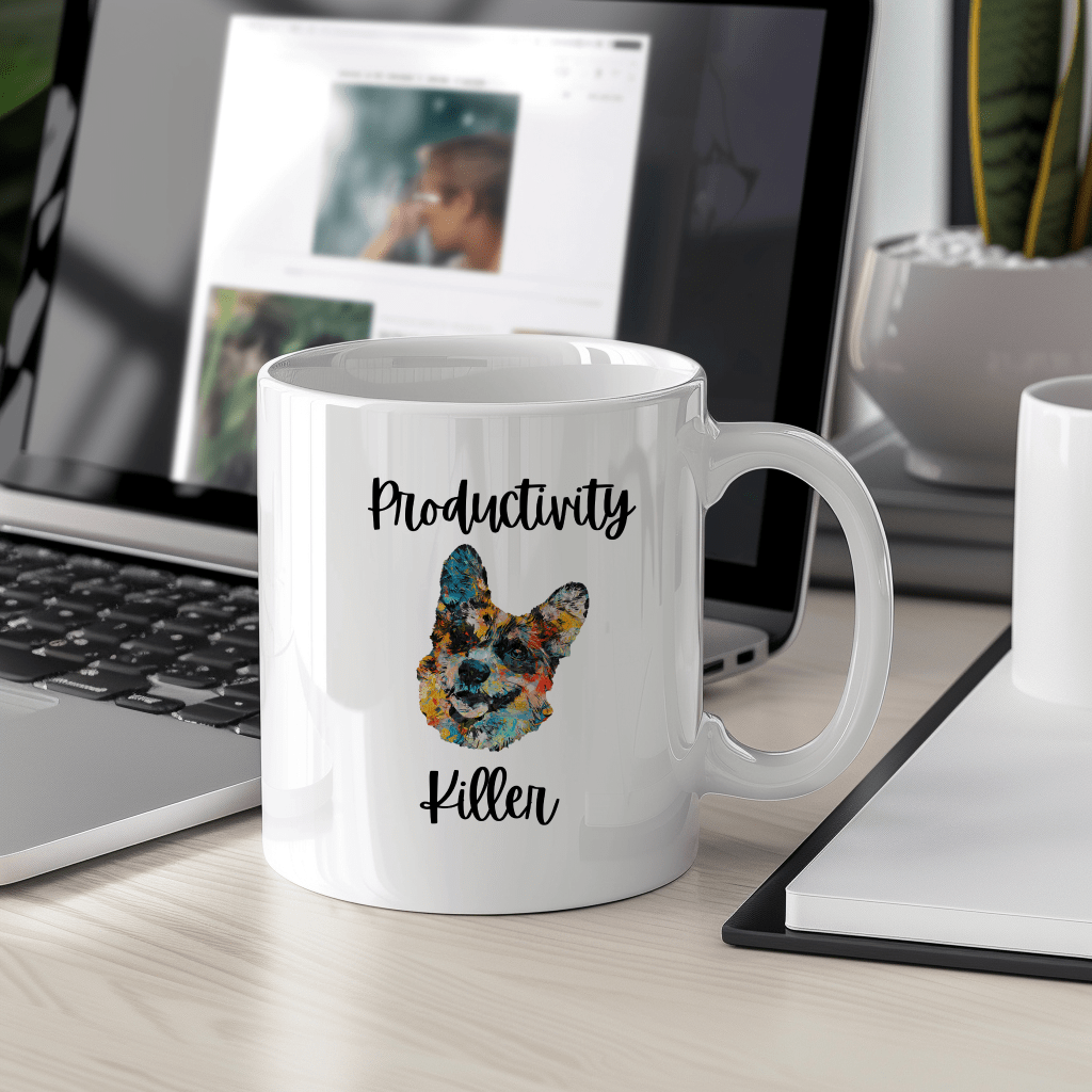 a coffee mug sitting on a desk next to a laptop