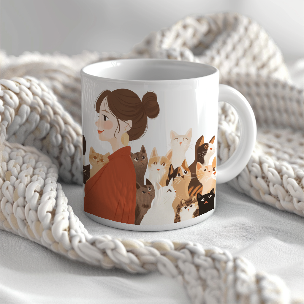 a coffee mug with a picture of a woman surrounded by cats