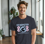 a man standing in front of a window wearing a dumpster t - shirt