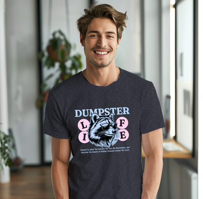 a man standing in front of a window wearing a dumpster t - shirt