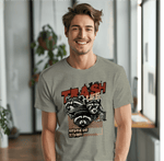 a man wearing a t - shirt with a raccoon on it