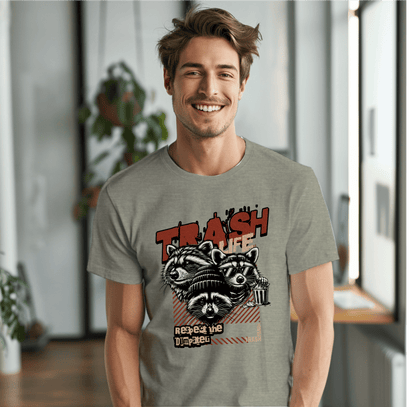 a man wearing a t - shirt with a raccoon on it