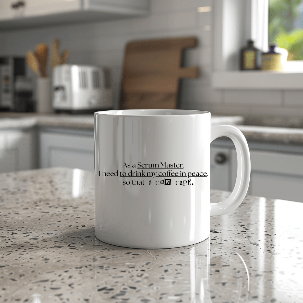 a white coffee mug sitting on top of a counter