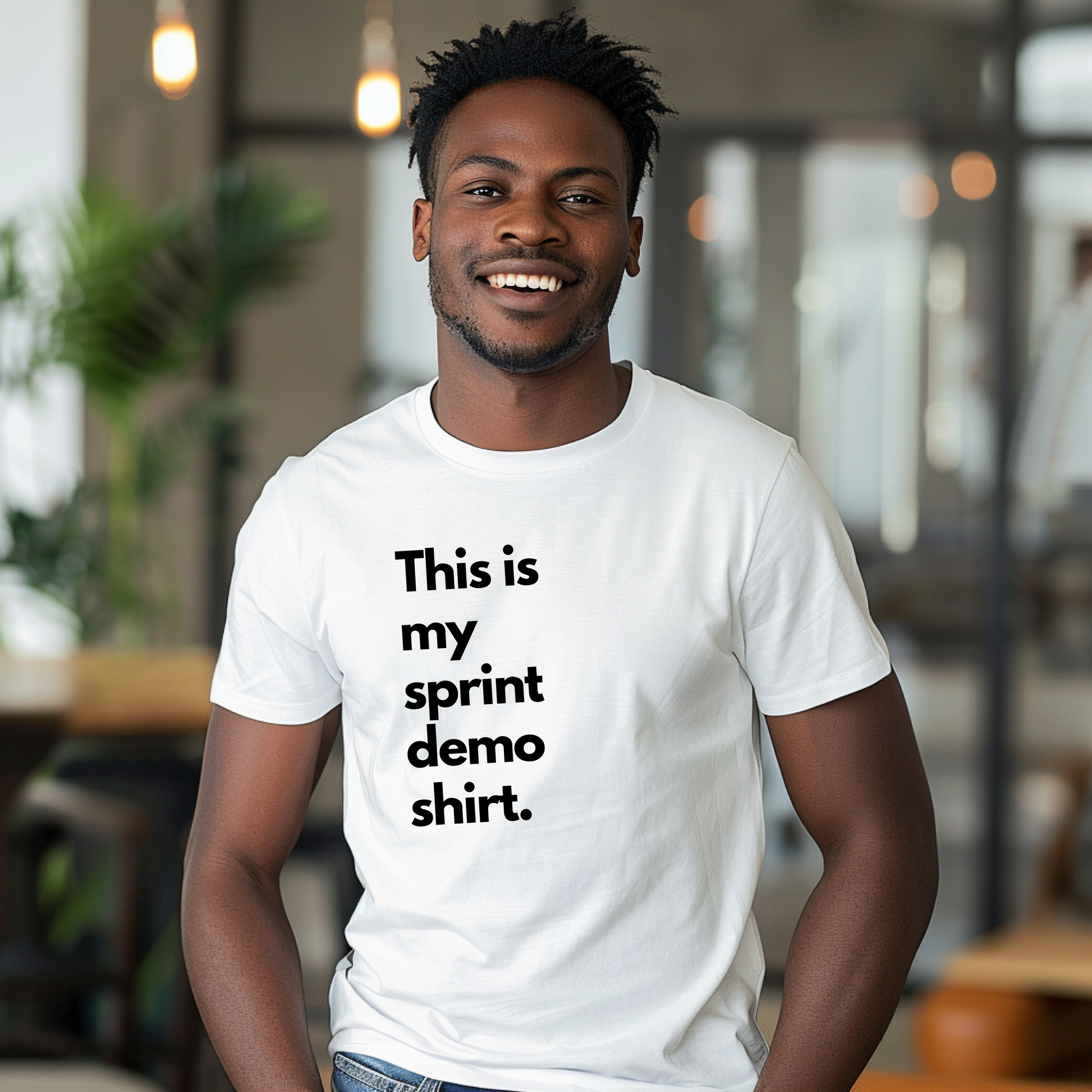 a man wearing a t - shirt that says, this is my sprint demo shirt