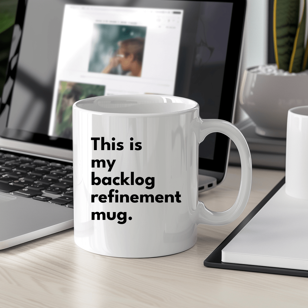 a coffee mug sitting on a desk next to a laptop