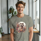 a man wearing a t - shirt with a raccoon on it