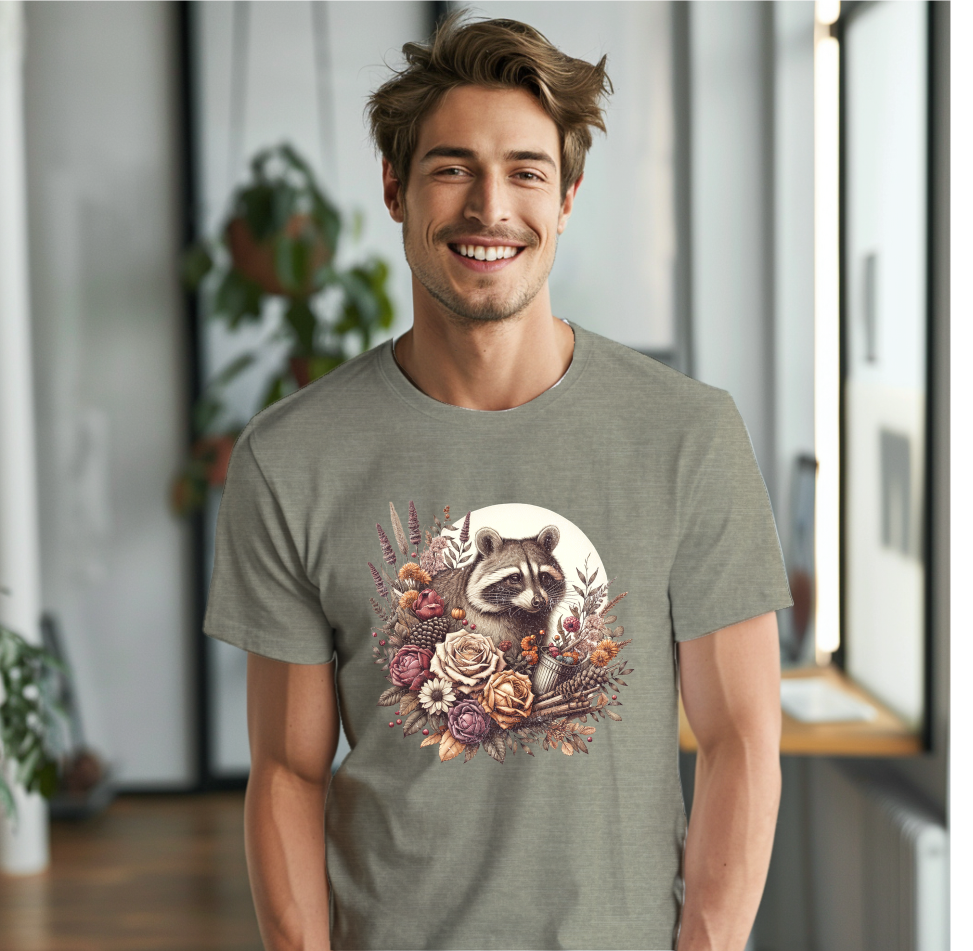 a man wearing a t - shirt with a raccoon on it